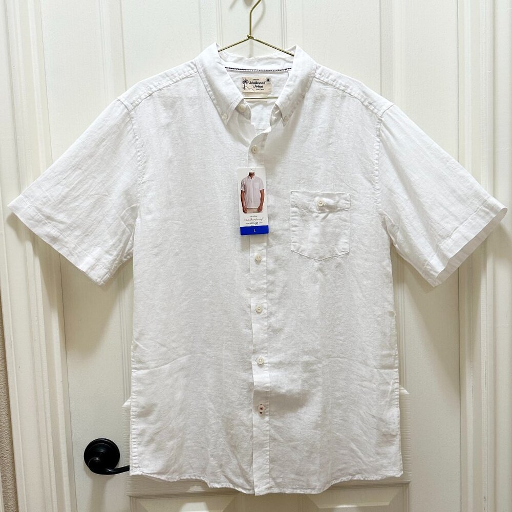 Weatherproof Men’s Linen Blend Woven Shirt Size L White Short Sleeve Coastal NEW